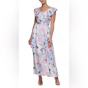 DKNY Ruffle Collar Pastel Floral Maxi Dress